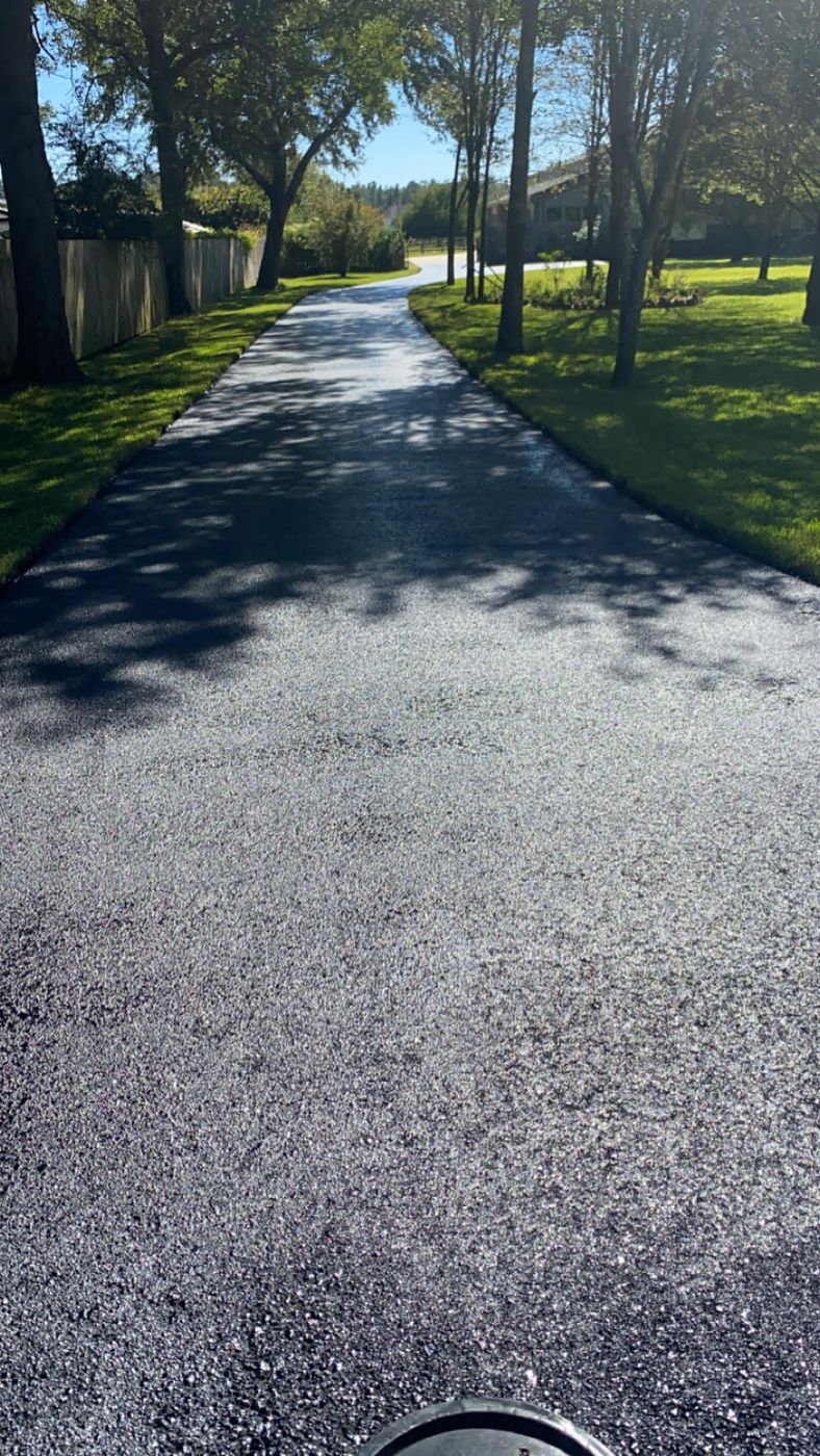 Freshly sealed tree-lined residential driveway